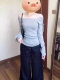 Pbong  Fleece Warm Off shoulder Long sleeve T shirt Women One shoulder Fitted Basic Plain Tee Shirt Lady Split Casual Top Autumn Winter