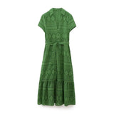 Fashion Hollow Out Embroidery Belt Long Dress Turn Down Collar Solid Color Green Elegant Women Dress 2025 New Chic Vestidos