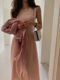 Korean Style round Neck Slim Fit Splice Pleated Maxi Dress Women's Sleeveless Dress Spring  Elegant Long Skirt