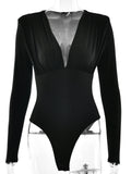 Pbong   Sexy Deep V-neck Long Sleeve Women Bodysuit Black High Waist Ruched Playsuit Autumn Slim Elegant Party Clubwear