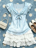 Pbong  Y2k Japanese Style Bow Kawaii 2 Piece Skirt Sets 2000s Slim Sweet Camis + Mini Skirts Harajuku Vintage Hot Girl Summer Suit Chic