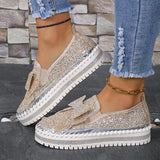 Pbong  Women's Gold Silver Bowtie Sequin Flats Shiny Crystal Thick Sole Platform Loafers Ladies Light Comfort Non Slip Casual Shoes