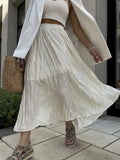 2025 New Beige Long Skirt For Women Casual Solid Color Elastic Waist Pleated Spring Summer Skirt Fashion Simple Woman Clothing