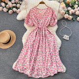 Pbong  Women Dress Fashion Romantic Floral Print Drawstring Waist Long Summer Dress Vacation Korean Party Vestidos