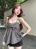 Streetwear Gyaru Tanks Sleeveless Plaid Patchwork Folds Summer Female Slim Tops All Match Fashion Vintage Women's Clothing