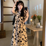Pbong  Ele Hepburn Sle Floral Print Bubble Sve Midi Dr round Ne Godd Aosphere New Street Faion Queen Dr