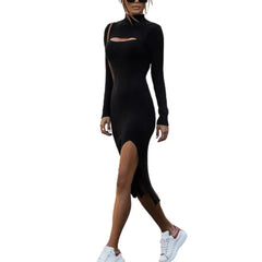 Fashion Chests Hollow Out Knitted Dresses Female Autumn Long Sleeve Split Hem Slim Fit Stand Dressy Women Solid Color Tight Gown