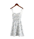 Fashion Blue Floral Print Short Dress Elastic Chest Zipper Party Beach Slip Dress 2025 New Square Collar Sweet Chic Vestidos