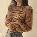 Korean Loose Long Sleeve Sweaters Fashion Women Harajuku Lantern Knit O-Neck Solid Basic Jumpers Autumn Winter Soft Warm Sweater