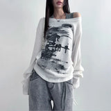 New Autumn Euramerican Slash Neck Loose Pullovers High Street American Y2k Aesthetic Punk Print Women Shirts Vintage Clothes