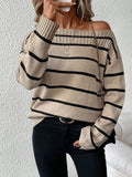 Autumn and winter fashion elegant off shoulder striped long sleeved women's knitted sweater