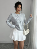 Elegant 3D floral pattern round neck long sleeved knitted sweater for women's clothing
