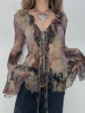 Vintage Floral Print Ruffles Mesh Shirts Women See Through Sexy Ruffle Sleeve Open Stitch Lace-Up Aesthetic Clothes