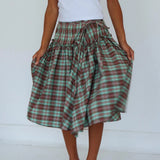 Cottage Plaid Low Low Rise Midi Skirt Vintage Tie-Up Ruffle Hem A Line Skirt Women Gingham Loose Tiered Skirt Y2k Streetwear
