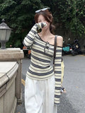 Korean Vintage Off Shoulder Striped Top Women 100% Ribbed Cotton Long sleeve T shirt Spring Autumn Basic Tees 2025 New