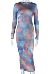 Casual Sexy O-neck Tie Dye Printed Bodycon Party Dress for Women Streetwear Y2K Autumn Ladies Nightclub Mid-calf Vestidos