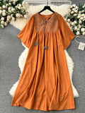 Pbong  Summer New Vestidos Para Mujer Lace Up Embroidery Pleated Patchwork Short Sleeve Dress Vintage Casual Loose Women Clothing