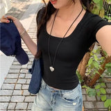 Solid Color Soft Basic Top for Women Summer Skinny Sexy T-shirt U Collar Shirt  Short Sleeve Top for Hot Girl