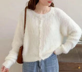 Flower Button Fuzzy Knit Sweater Cardigan Warm Fluffy Button-up Crop Sweater Jacket Knitwear Teen-girl Fall Winter Cute Outfit