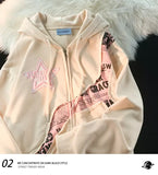 Y2K Vintage Zip Up Hoodies Women Harajuku Hip Hop Letter Print Sweatshirts Gothic Streetwear Loose Patchwork Tops Coats