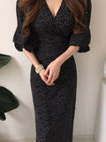 Pbong  Maxi Dresses for Women V-neck Elegant Vestidos Feminino Bandage Slim Waist Robe Puff Sleeve Vintage Korean Chic Dot Dress