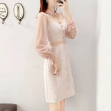 Pbong  Sweet Elegant Spring Autumn Dresses New Women's Bow Button Patchwork Korean Fashion Chic Long Sleeve Slim Mid-lengt A-line Dress