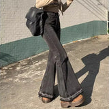 Woman High Waist Vintage Casual Flare Jeans Girls Elastic Slim Fit Bell Bottom Pants Lady Fashion Blue Black Grey Denim Trousers
