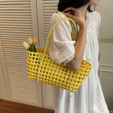 Pbong  Women's Woven Plastic Small Tote Bag Drawstring Liner Casual Summer Aesthetic Beach Shopping Daily Shoulder Bag