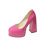 Pbong  Hot Sale Square Heels 10cm Chunky Heels Platform Pumps Double Color Blocking Women Party Dance Pumps