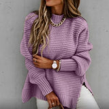 Chunky Knitted Mock Neck Sweater Side Slit Long Sleeve Pullover Female Knitwear Autumn Winter Women Casual Chic Outfit