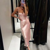 Satin Solid Color Pink Sweet Casual Long Dress Backless Sexy Sleeveless Slim Women Summer Dress Female Clothing 2025 New