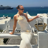 3D Flower Sexy Halter-neck Tank Top + Long Skirt Vacation Two Piece Set 2025 New Knit Hollow Out Bikini Cover-ups Summer Suit