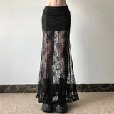 Side Slit Lace Skirts For Women Summer New See Through High Waist Skirt Ladies Black Casual Loose Sexy Skirts Woman