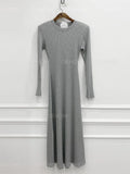 Solid Color Simple Basic Long Dress Gray Black Casual Spring Autumn Dress Elegant Chic Round Neck A-line Ribbed Dress 2025 New