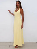 Halter Backless Sexy Maxi Dress Women Gown Summer New Solid U Neck Sleeveless High Waist Long Dress Elegant