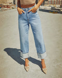 Pbong  Spring Fashion Elastic Straight Leg Jeans Women High Waist Retro Rolled Edge Denim Pants Ladies Trend Streetwear Casual Trousers