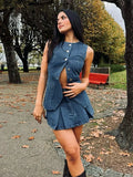 Retro Denim O-neck Vest Mini Skirt Woman's Set Casual Sleeveless Single Breasted Tops Pleated Skirts Sets Female Chic Outfits