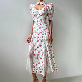 Pbong  Floral Print Long Dress For Women Puff Sleeve Hollow Out Lace Patchwork High Waist Dress Lady Sexy Elegant Holiday Dress