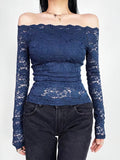 Sexy Lace Off shoulder Top Women Stretch Full Lace Lined Basic Long sleeve T-shirt Lady Slim Hollow out Mesh Blouse Feamle Tee