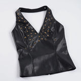 Y2k High Sreet Euramerican Fashion Spice Women Low V Neck Backless Tank Tops Punk Rivet Nail Design PU Leather Casual Camisole