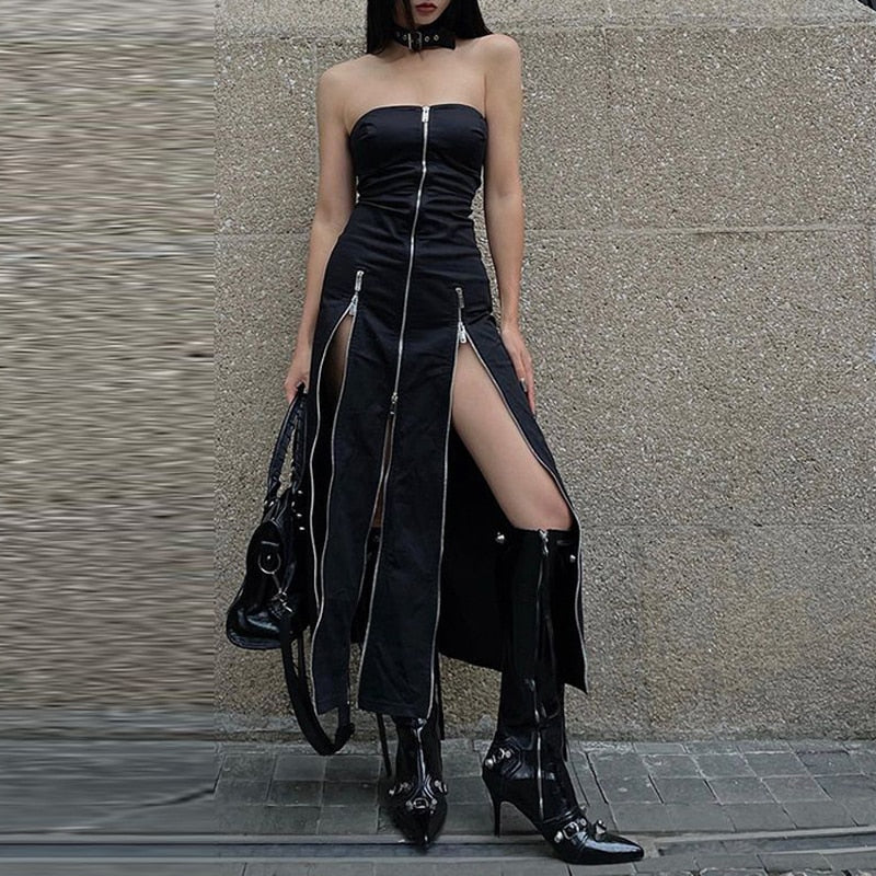 Fashion Zip Up Midi Dresses Cyber Y2k Mall Gothic Split Women Tube Dress Partywear Punk Off Shoulder Outfits