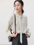 Elegant Lace Up Striped Blouse Women Fall Chic Hollow Out Long Sleeve Sweet Shirt Korean High Quality Loose Fashion New Top