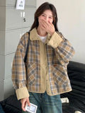 Vintage Plaid Cargo Jacket Women Retro Double Sided Wear Preppy Style Sweet Coat Korean Fall Winter Long Sleeve Pockets Top