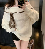 Sexy Off Shoulder Y2K Sweater Women Vintage Leopard Lace Up Knitted Jumper Casual Lazy Wind Long Sleeve Slash Neck Pullover