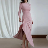 Elegant O-neck Draped Irregular Long Dress Women Causal Long Sleeve Solid Party Dress Fashion Hight Waist Slim Evening  Dresses