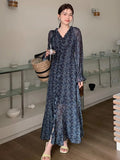 Korean Floral Print Sweet Long Dress 2025 New V-neck Ruffle Chic Spring Dress Lantern Sleeve Slit Fashion Vacation Summer Dress