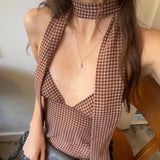Plaid Print All-match Sexy Deep V-Neck Backless Casual Halter Tops Y2K Summer Fashion Sweet Cute Daily Streetwear Vest