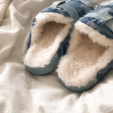 Pbong Fringe Tassel Denim Fleece Flats Shoes Women Winter Short Plush Jeans Patchwork Fashion Slippers Round Toe Warm Unisex Slidess