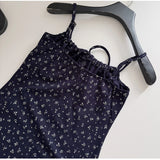 Pbong   Dark Blue Floral Dress Short Sexy Lace-up Bow Squared Collar Mini Dress Korean Chic Hot Girl Summer Beach Spaghetti Strap Dress