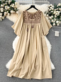 Pbong  Summer New Vestidos Para Mujer Lace Up Embroidery Pleated Patchwork Short Sleeve Dress Vintage Casual Loose Women Clothing